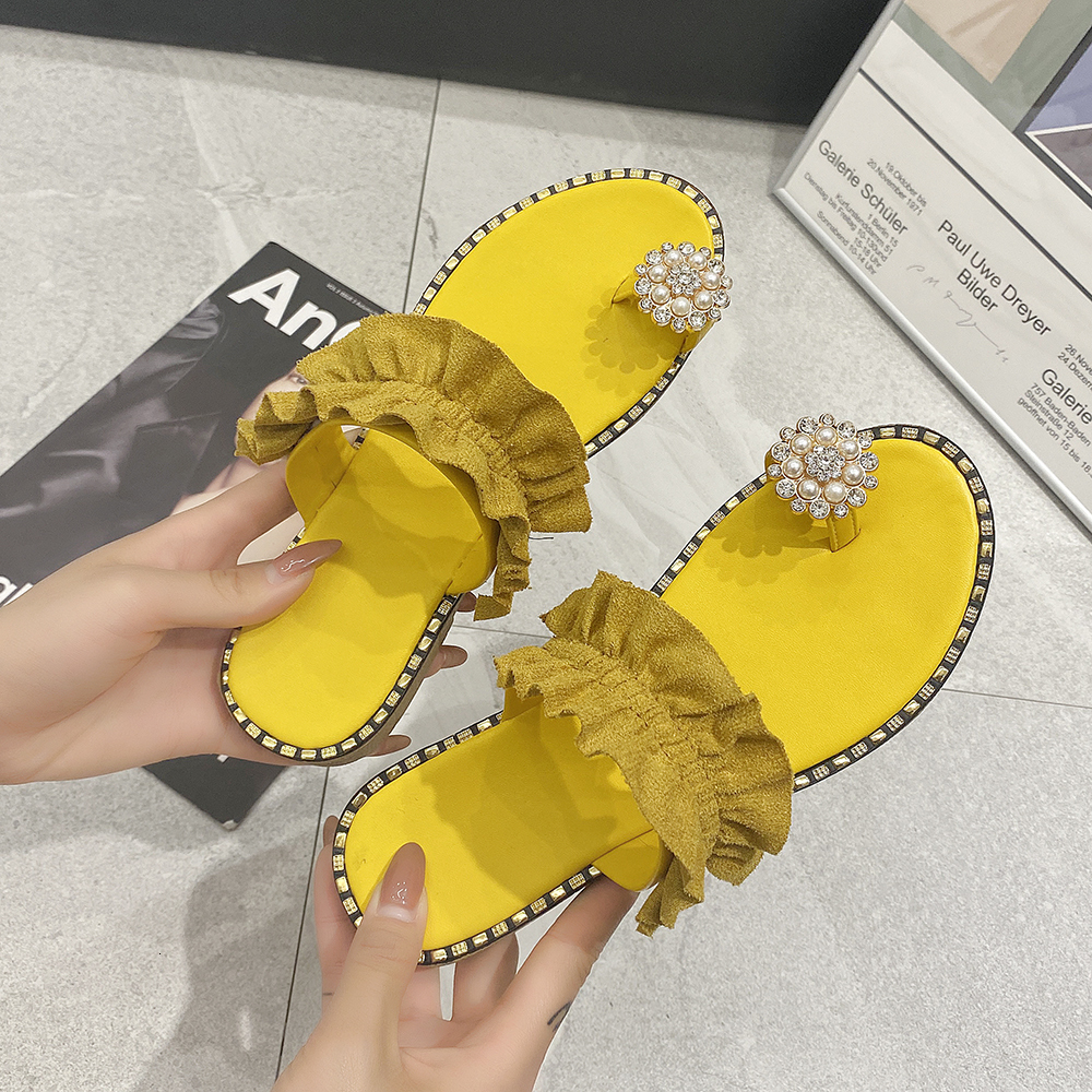 Sandals BKQU Wanita Pantai Musim Panas Bohemian Ujung Datar Mutiara Nanas Sepatu Ukuran Plus 230516