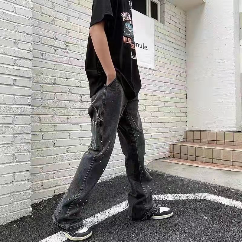 Mens Jeans Vintage Streetwear Flared Pants Hip Hop Splashing Ink Wide Leg Jean Overalls for Men Fashionable Retro Patchwork 230516