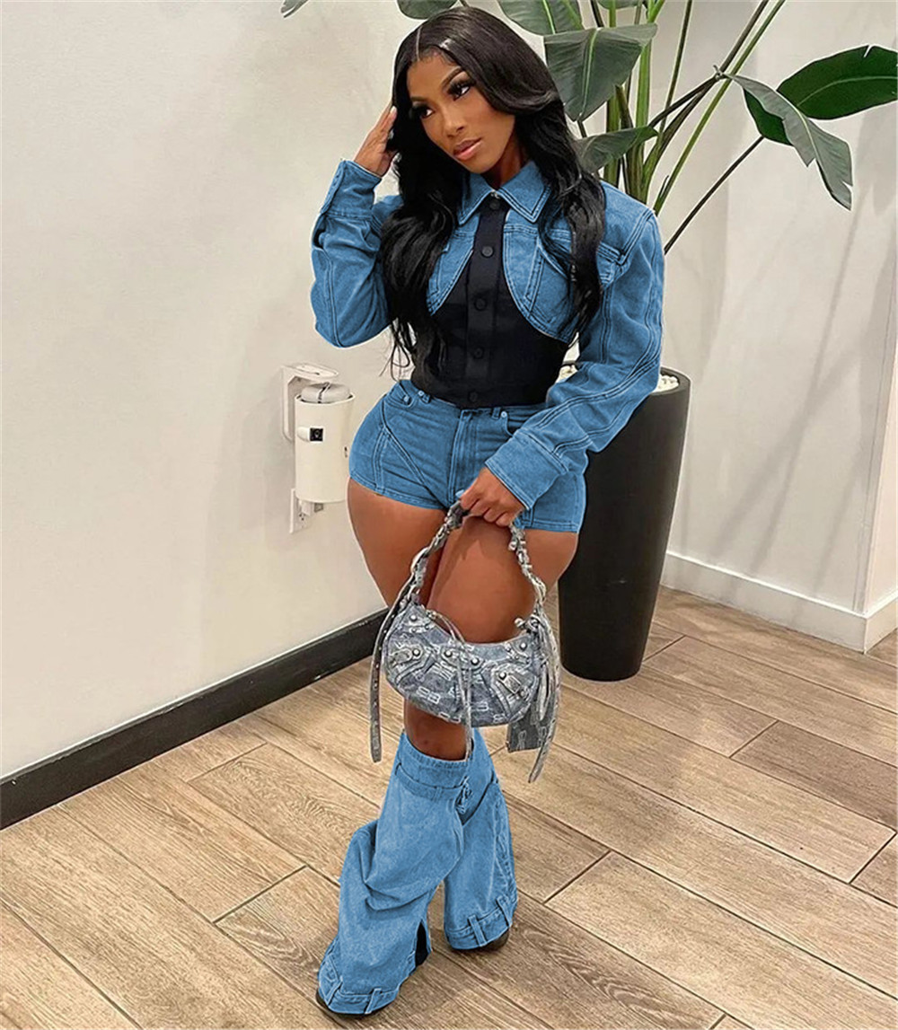 Designer Denim Tracksuits Two Piece Sets Women Long Sleeve Patchwork Denim Jacket and Shorts Outfits Y2k Jeans Vintage Streetwear Bulk Wholesale Cloth