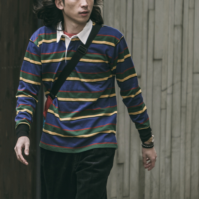 Men's Polos Non Stock 290g Heavyweight YarnDyed Stripe Long Sleeve Polo TShirt Top IVY Vintage Casual Rugby Shirts 230517