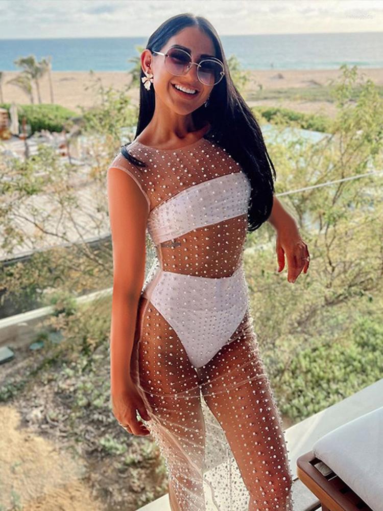 Casual Dresses Rhinestone Women Perspective Mesh Long Female Shinny Diamond Sleeveless Beach 2023 Fashion Summer Beachwear