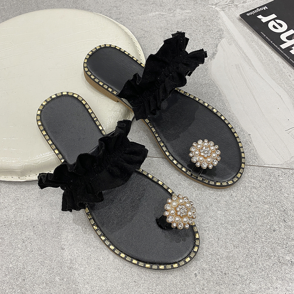 Sandals BKQU Wanita Pantai Musim Panas Bohemian Ujung Datar Mutiara Nanas Sepatu Ukuran Plus 230516