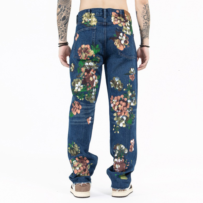 Mens Jeans FEWQ Floral Graffiti Jaens High Street Malee Vintage Personalized Y2k Denim Pants Straight Casual 24B2525 230516