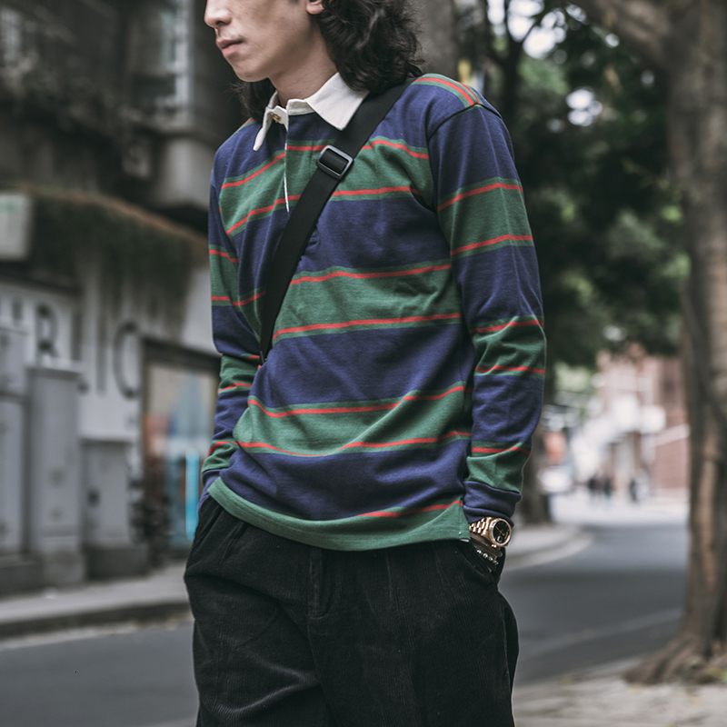 Men's Polos Non Stock 290g Heavyweight YarnDyed Stripe Long Sleeve Polo TShirt Top IVY Vintage Casual Rugby Shirts 230517