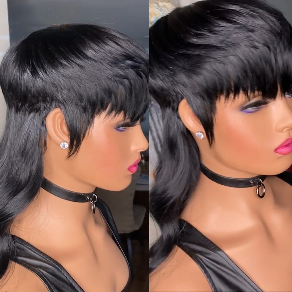 180Density Brazilian Virgin Short Human Hair Wig With Bangs Body Wave Black Pixie Cut Wigs Glueless Full Lace Front Wigs For Women