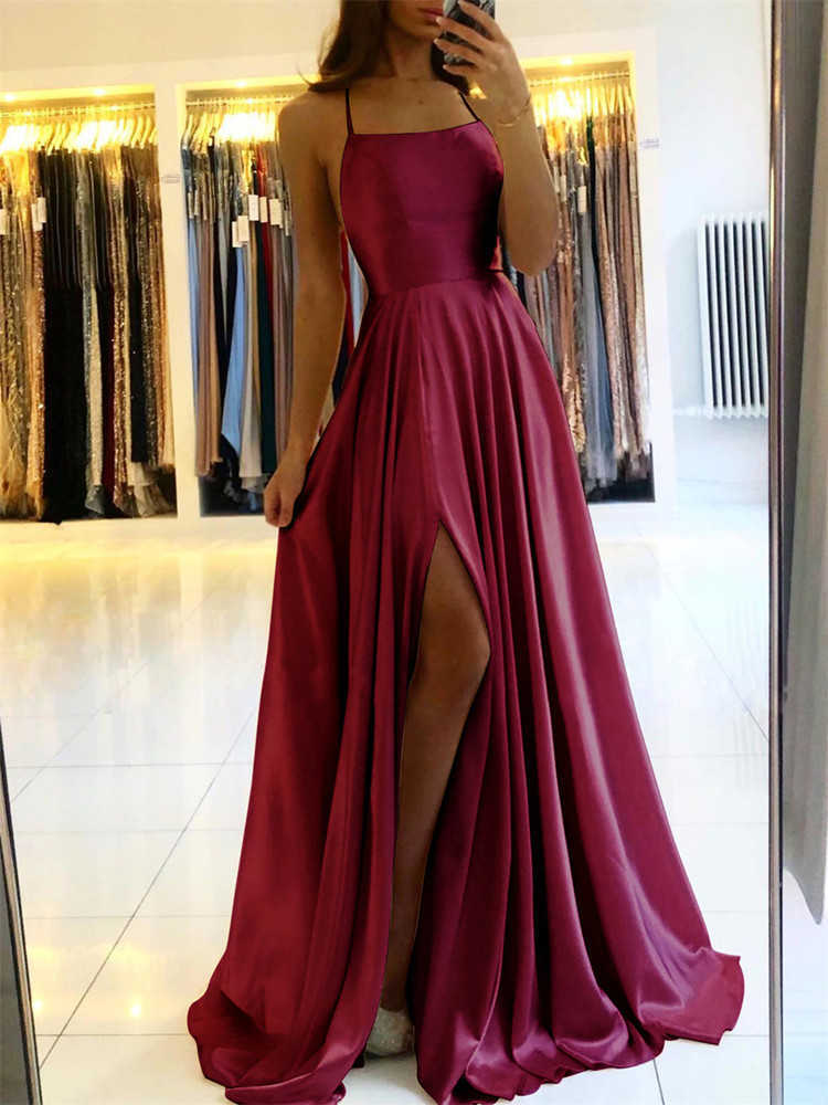 Womens Bordeaux Satin Evening Dress Christmas Long Dress Fashion Side Seam Adjustable Shoulder Straps Ball Dress Bridesmaid Dress
