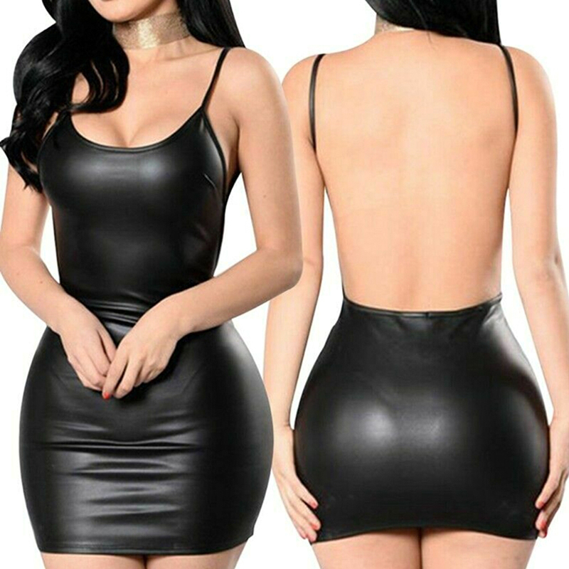 Faux Leather Dress Backless Club Party Short Dresses Solid Black Wet Look Latex Bodycon Push Up Bra Mini Micro