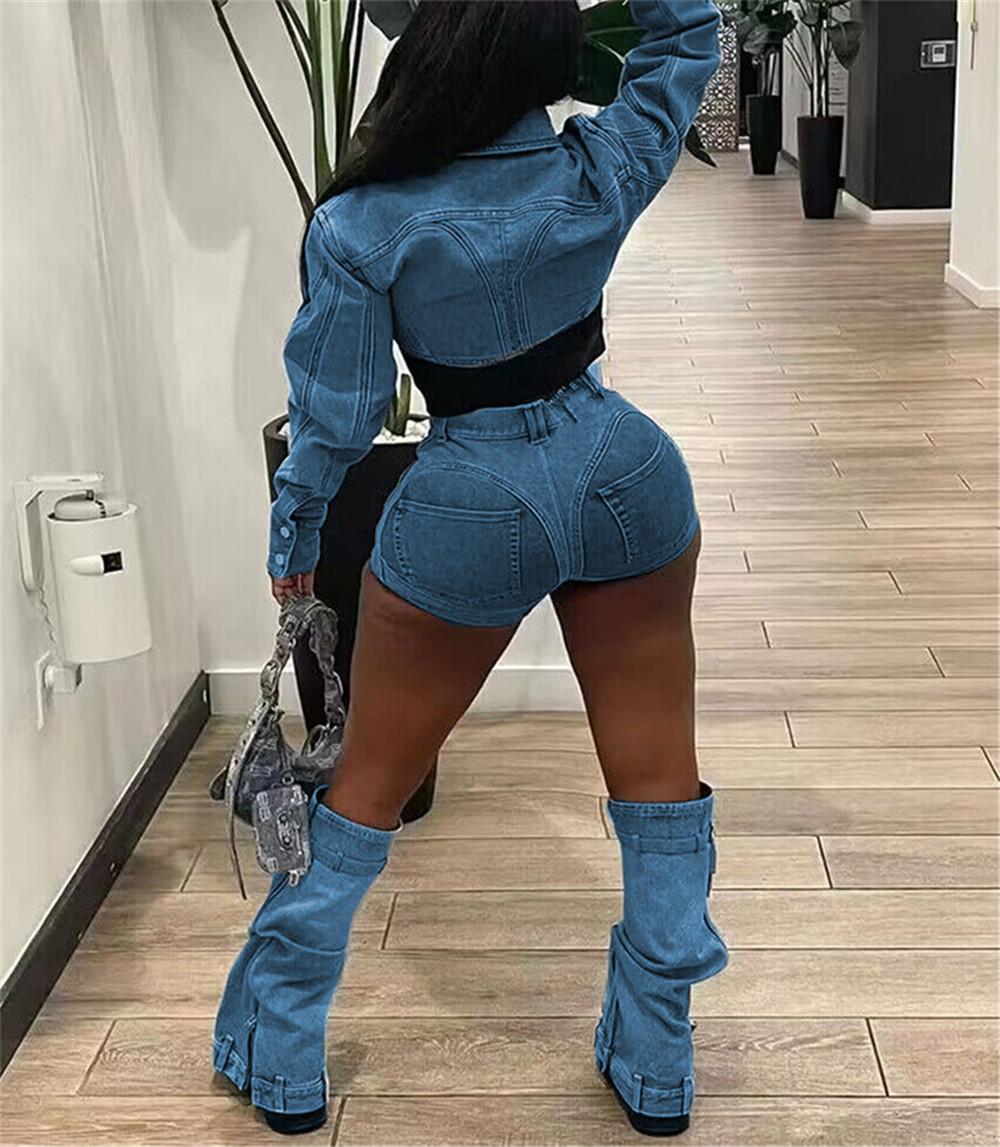 Designer Denim Tracksuits Two Piece Sets Women Long Sleeve Patchwork Denim Jacket and Shorts Outfits Y2k Jeans Vintage Streetwear Bulk Wholesale Cloth