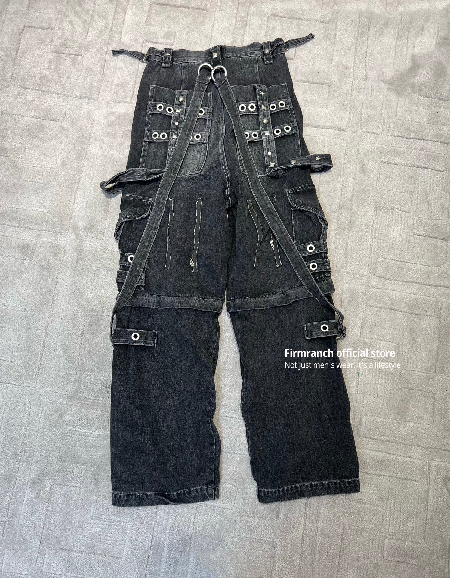 Mens Jeans Firmranch Double Wear Raver Multiple Pockets Laceup for Men Women Oversized Wash Old Baggy Denim Pants High Quality 230516