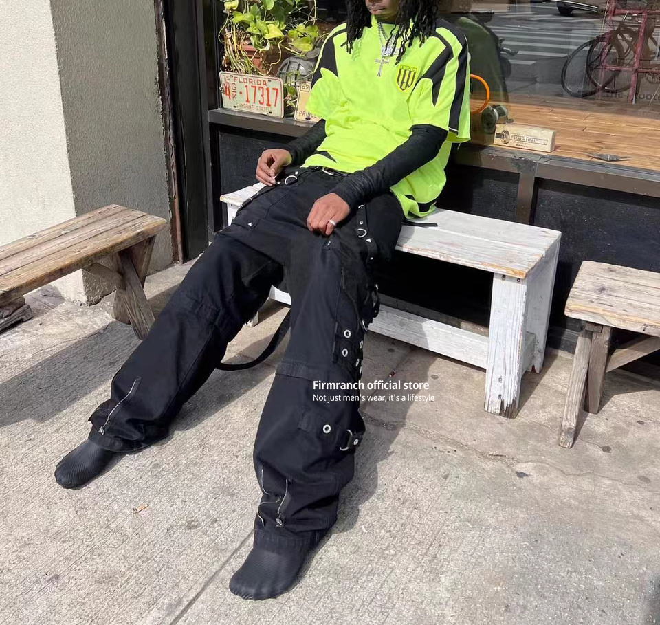 Mens Jeans Firmranch Double Wear Raver Multiple Pockets Laceup for Men Women Oversized Wash Old Baggy Denim Pants High Quality 230516