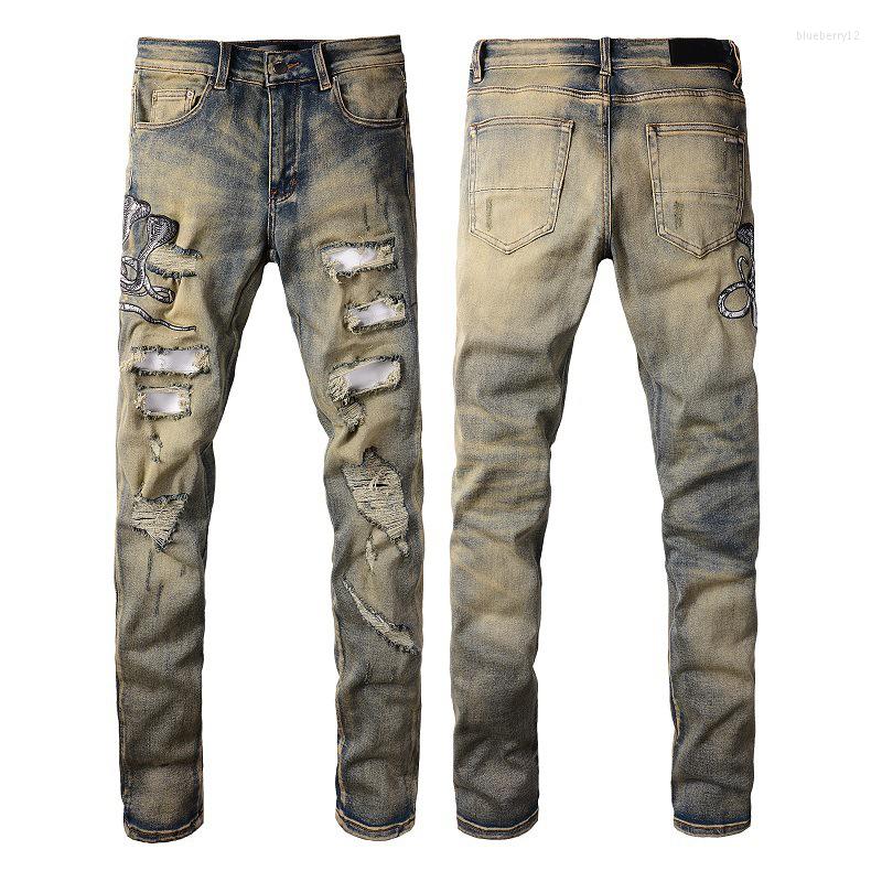 Men's Jeans Steetwear Style Skinny Stretch Holes Bandana Patch Embroidered Snake Slim Fit High Street Distressed Ripped