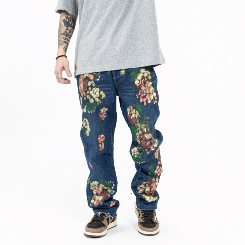 Mens Jeans FEWQ Floral Graffiti Jaens High Street Malee Vintage Personalized Y2k Denim Pants Straight Casual 24B2525 230516