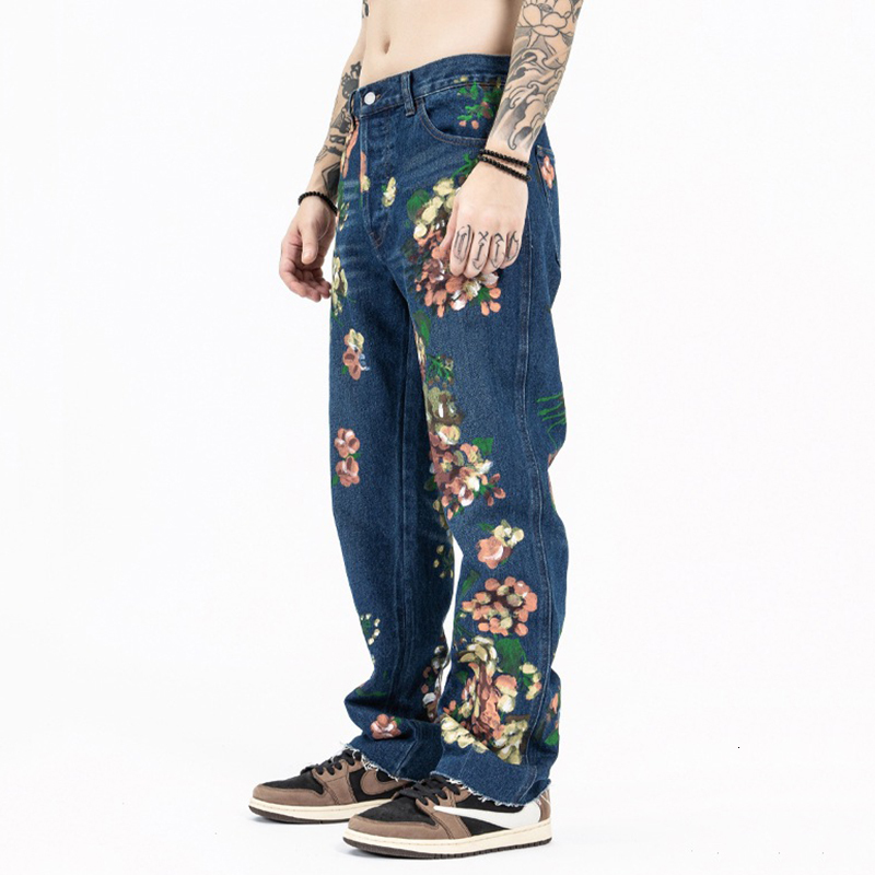 Mens Jeans FEWQ Floral Graffiti Jaens High Street Malee Vintage Personalized Y2k Denim Pants Straight Casual 24B2525 230516