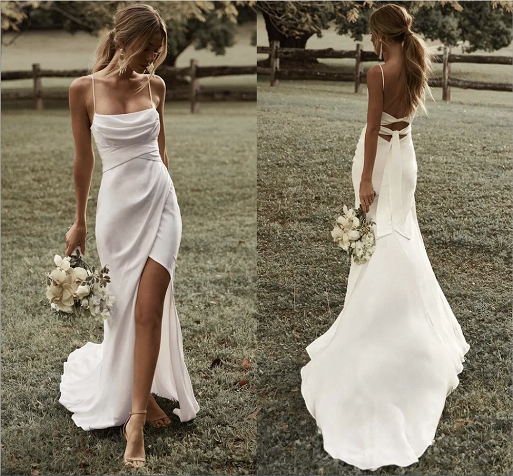 Simple Mermaid White Wedding Dress Spaghetti Straps High Slit Satin Backless Plain Bridal Gown Sweep Train Vestido De Novia