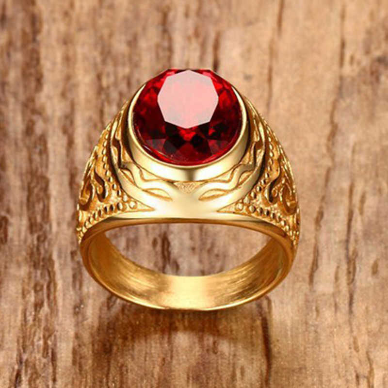 Band Rings Men's Red Stone Round Rhinestone Gold-Color Stainless Steel Fashiong Ring Utr8233 J230517