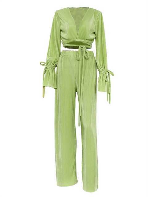 Designer Women's 2-piece Set Of Green Pleated Pants Solid Color Lavender Sleeves Bandage Cut Y Wide Legs Casual Pants Set