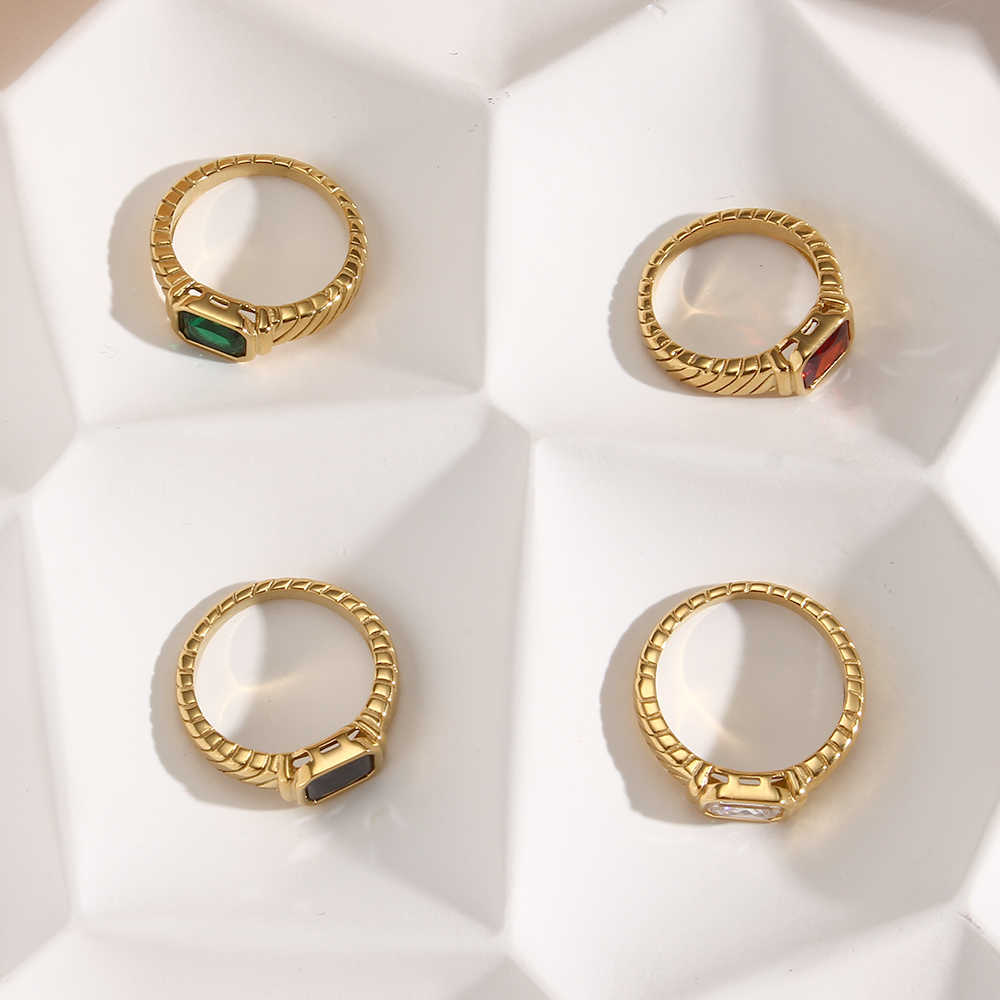 Band Rings 2021 New Thin Ring Band Texture Engraved Small Square 3A Cubic Zirconia Stone Ring Blk White Green Red Gemstone Ring J230517