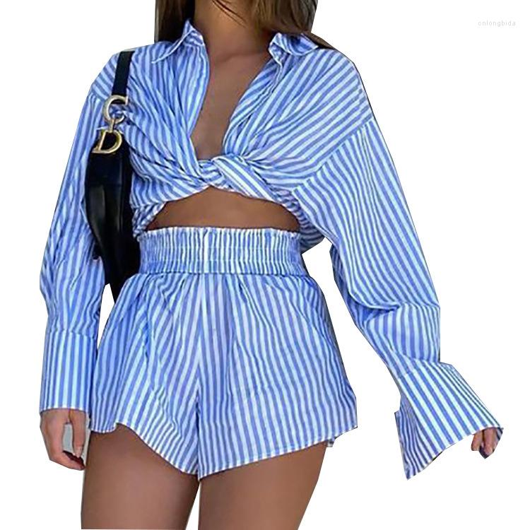 Women's Two Piece Pants Street Casual Suits Striped Shirts Shorts Set 2023 Temperament Stripe V-neck Hollow Out Two-piece Outfit Dresses Casual V