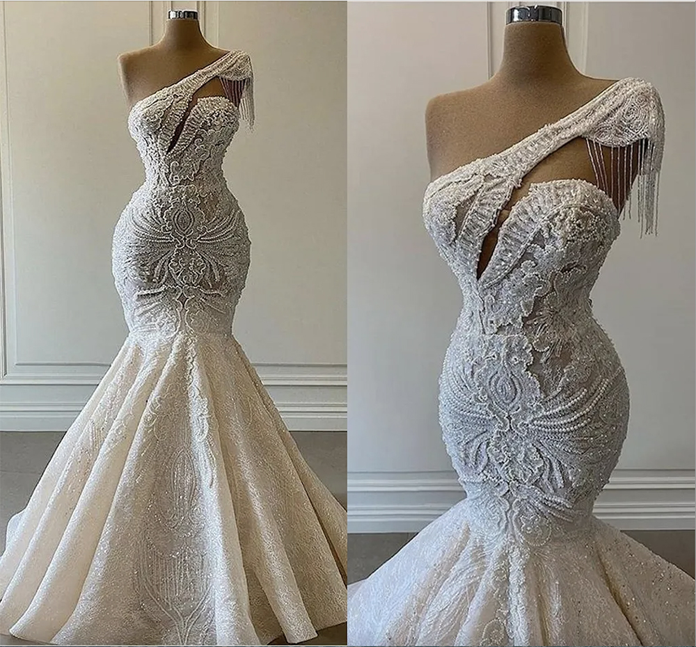 One Shoulder Mermaid Lace Wedding Dress with Pearls and Tassels