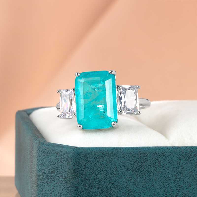 Band Rings Cellity 925 sterling silver big Blue stone Synthetic Diamond Gemstone Emerald cut Paraiba Tourmaline pariba Ring fine jewelry J230517