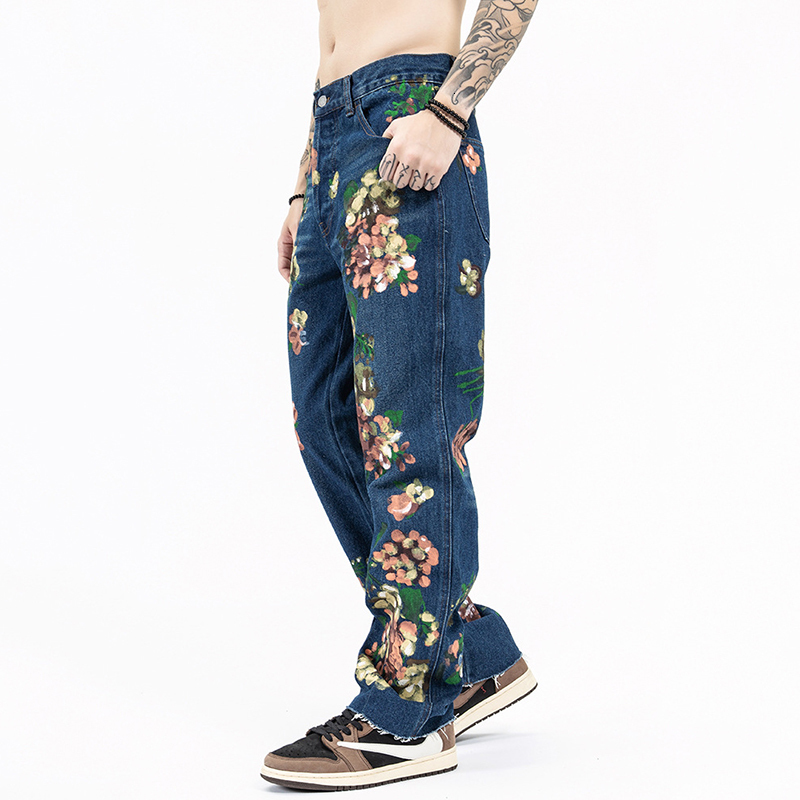 Mens Jeans FEWQ Floral Graffiti Jaens High Street Malee Vintage Personalized Y2k Denim Pants Straight Casual 24B2525 230516