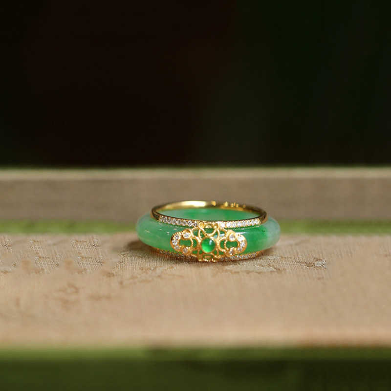 Band Rings New in Natural Green Chalcedony Crystals Rings for Women Luxury Chinese Style Wedding Jewelry exquisite Dethable Gift J230517