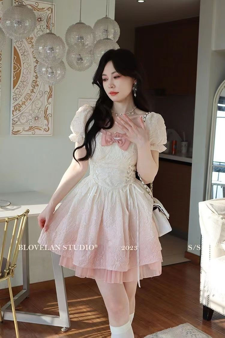 Womens summer sweet pink gradient color bow cute square collar high waist ball gowm mini dresses SMLXL