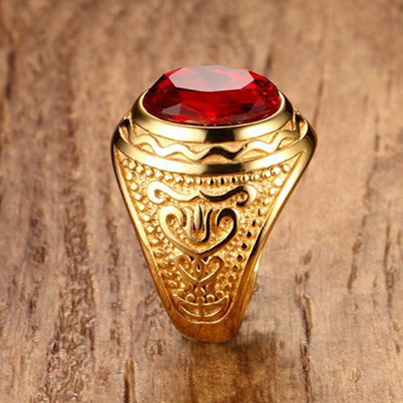 Band Rings Men's Red Stone Round Rhinestone Gold-Color Stainless Steel Fashiong Ring Utr8233 J230517
