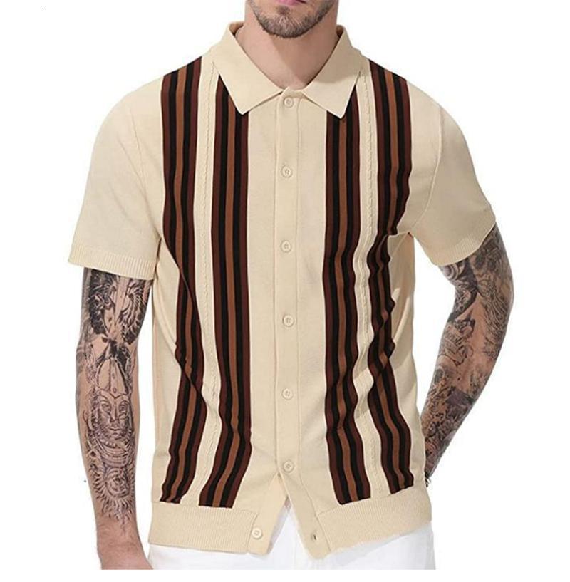 Men's Polos 2023 Summer British Style Retro Casual Apricot Stripe Patchwork Knitted Short Sleeve Jacquard Business Polo Shirt 230517