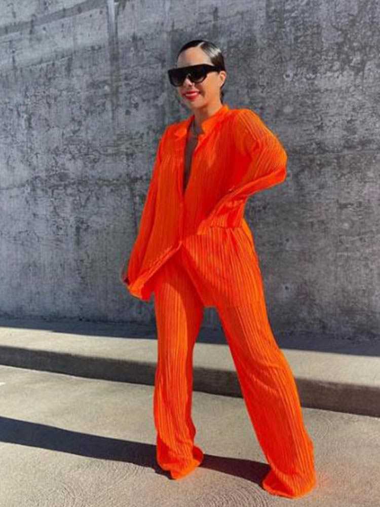 New Women's Orange Pleated Pants Set Tied Up Long Sleeves Split Cuffed Jacket Street Clothing Autumn Fashion 2-piece Set
