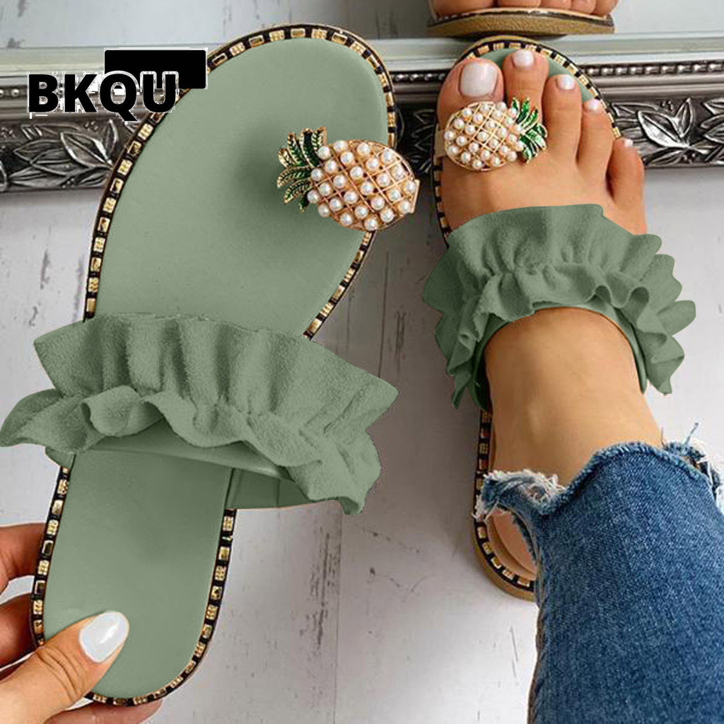 Sandals BKQU Wanita Pantai Musim Panas Bohemian Ujung Datar Mutiara Nanas Sepatu Ukuran Plus 230516