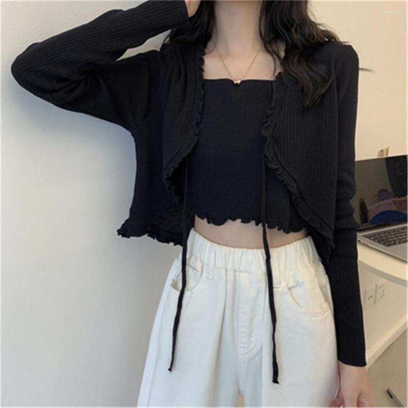Womens Sweaters 2024 Patched One-piece Cropped Pullovers Ruffles Full Sleeve Laced Sweater Shirts Crop Tops For Female