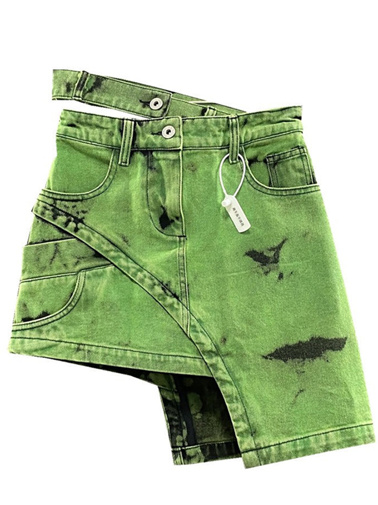 Skirts Fashion Irregular Womens Skirt High Waist Asymmetric Sashes Tie Dye Streetwear Above Knee Denim Summer 230516