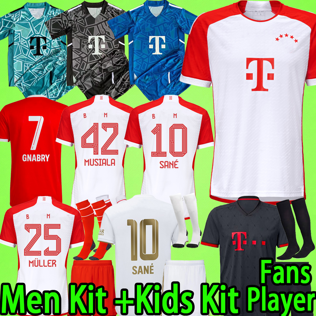 Bayerns soccer jerseys 2023 2024 Munichs Men sets Kids Kit with shorts socks goalkeeper Muller SANE MUSIALA MANE 23 24 Fans Player version football shirt boys uniform