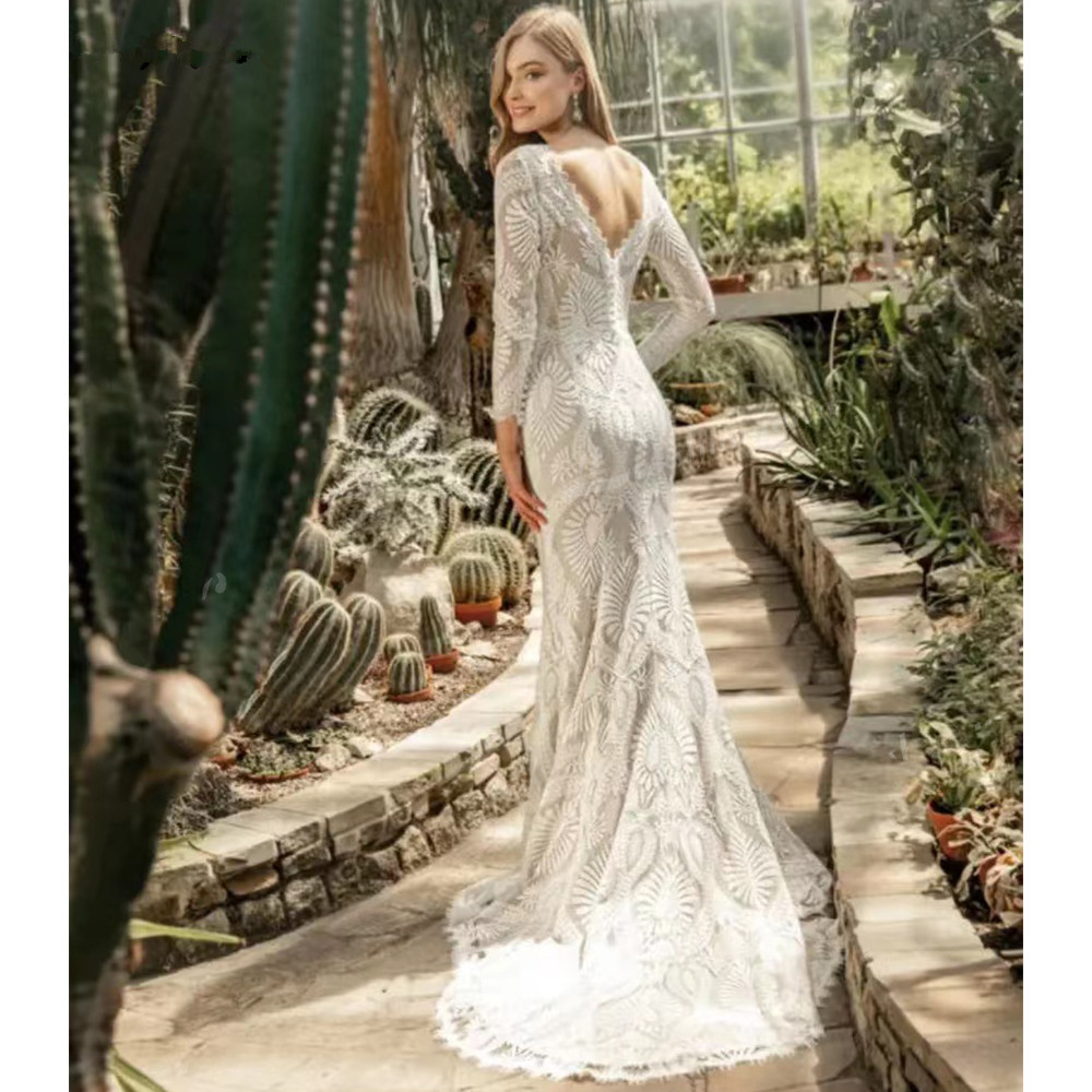 Vestido Novia Boho Elegant Lace Wedding Dresses Backless Long Sleeve mermaid boho Bride Dress 2023 Sexy Deep Bridal Gowns