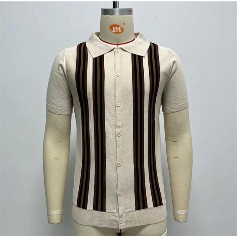 Men's Polos 2023 Summer British Style Retro Casual Apricot Stripe Patchwork Knitted Short Sleeve Jacquard Business Polo Shirt 230517