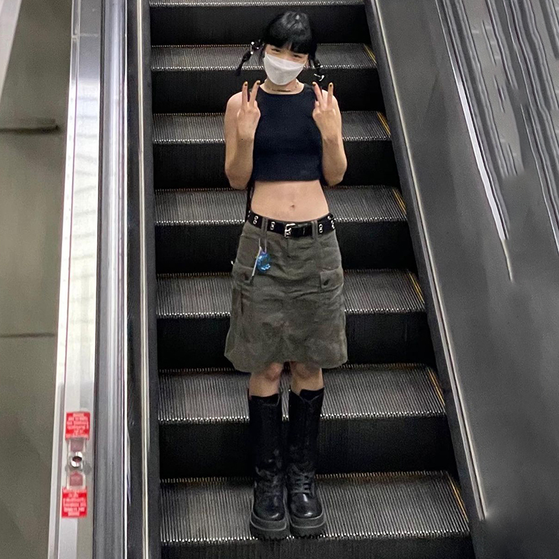 Skirts Sunny Y J Y2K Rok Kargo Abu abu Saku Grunge Pinggang Rendah Mode Streetwear Lurus Pakaian Korea Estetika Chic Baru 230517
