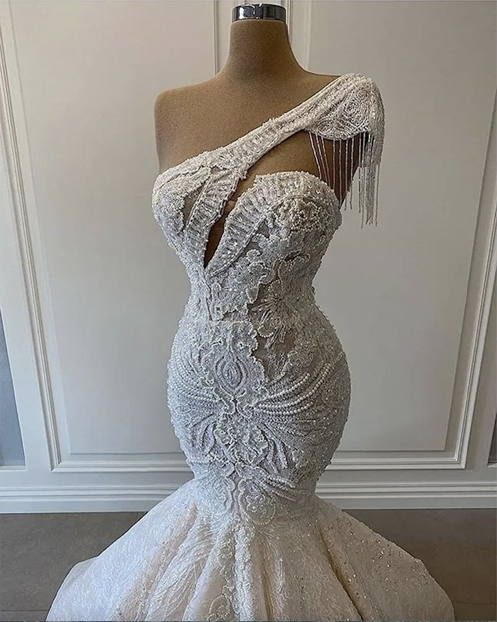 One Shoulder Mermaid Lace Wedding Dress with Pearls and Tassels