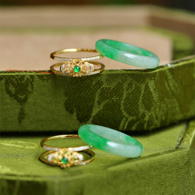 Band Rings New in Natural Green Chalcedony Crystals Rings for Women Luxury Chinese Style Wedding Jewelry exquisite Dethable Gift J230517