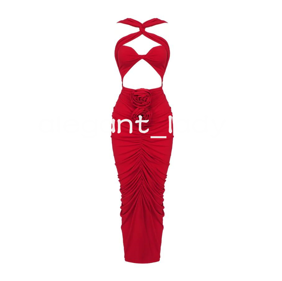 Floral Pleated Hip Stitching Evening Cocktail Dresses Red Cross Halterneck Cutout Calf Length Prom Occasion Dress