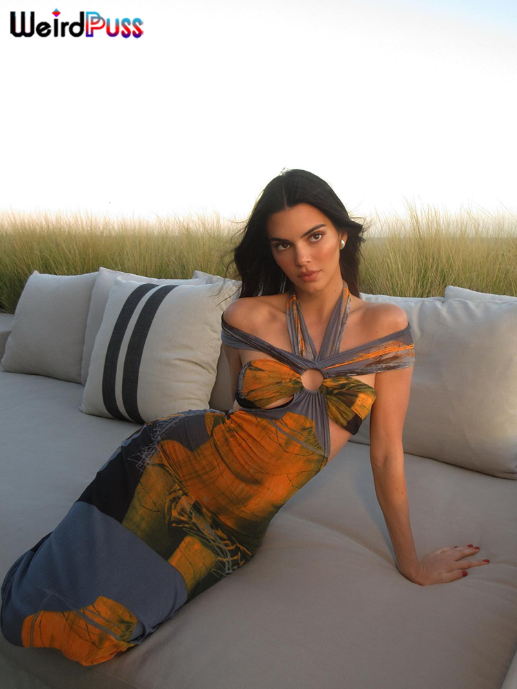 Casual Dresses Gaun Maxi Wanita Gambar Cetak Warna warni Aneh Kucing Halter Tanpa Lengan Leher Potong Elegan Musim Panas Liburan Pesta Bodycon Vestido