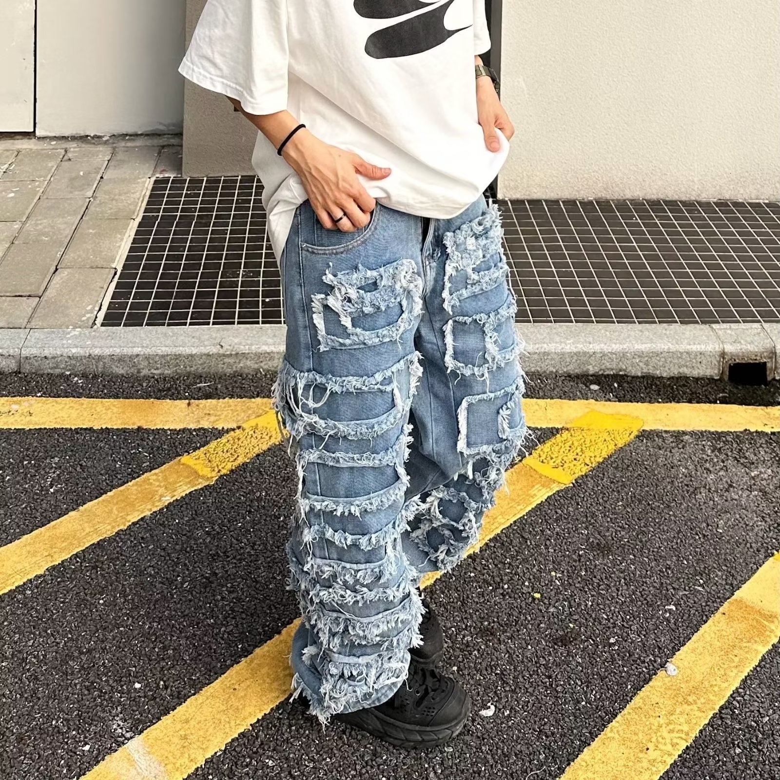 Mens Jeans Individualized patch jeans men and womens American high street hiphop fried beggar pants blue loose small crowd mopping 230516
