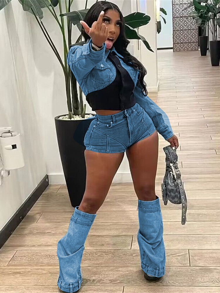 Designer Denim Tracksuits Two Piece Sets Women Long Sleeve Patchwork Denim Jacket and Shorts Outfits Y2k Jeans Vintage Streetwear Bulk Wholesale Cloth