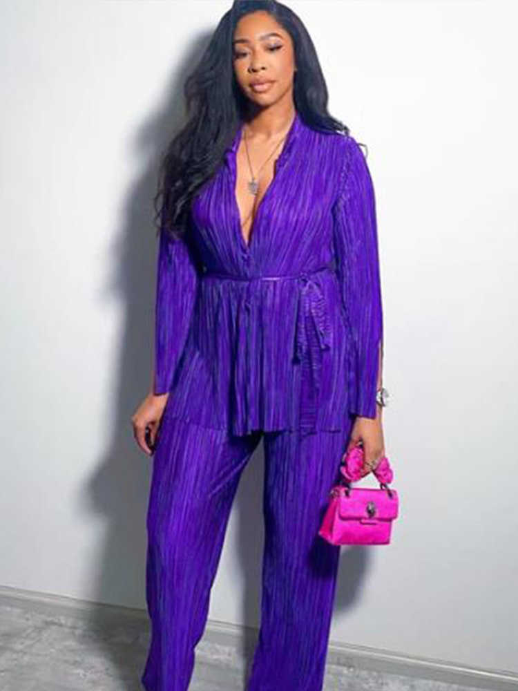 New Women's Orange Pleated Pants Set Tied Up Long Sleeves Split Cuffed Jacket Street Clothing Autumn Fashion 2-piece Set