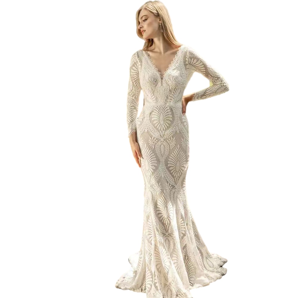 Vestido Novia Boho Elegant Lace Wedding Dresses Backless Long Sleeve mermaid boho Bride Dress 2023 Sexy Deep Bridal Gowns
