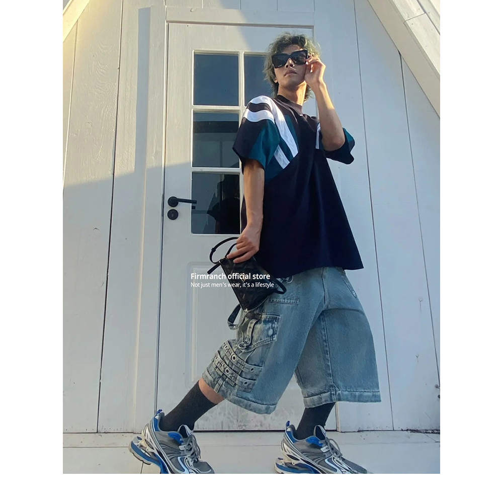 Mens Jeans Firmranch Double Wear Raver Multiple Pockets Laceup for Men Women Oversized Wash Old Baggy Denim Pants High Quality 230516