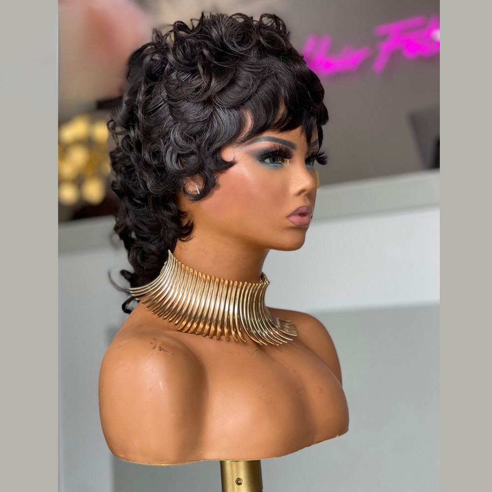 New India Virgin Human Hair Deep Wave Short Wig With Bangs 180%Density Glueless Full Lace Front Wigs For Women Black Color Pixie Cut Wigs