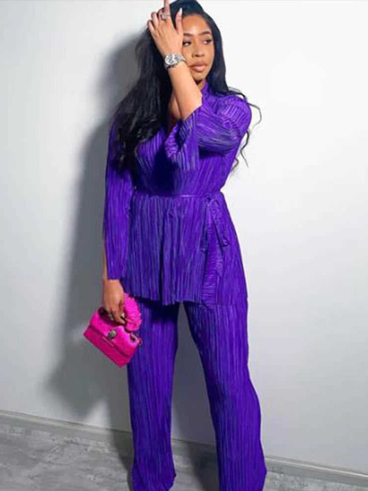 New Women's Orange Pleated Pants Set Tied Up Long Sleeves Split Cuffed Jacket Street Clothing Autumn Fashion 2-piece Set