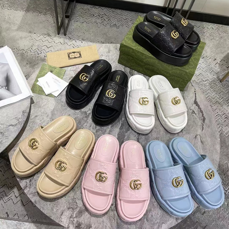 Dupe Gu-cci Women Slippers Thick-Soled Sandals Muffin Fashion Shoes GG Metal Logo Size 35-42 With Box