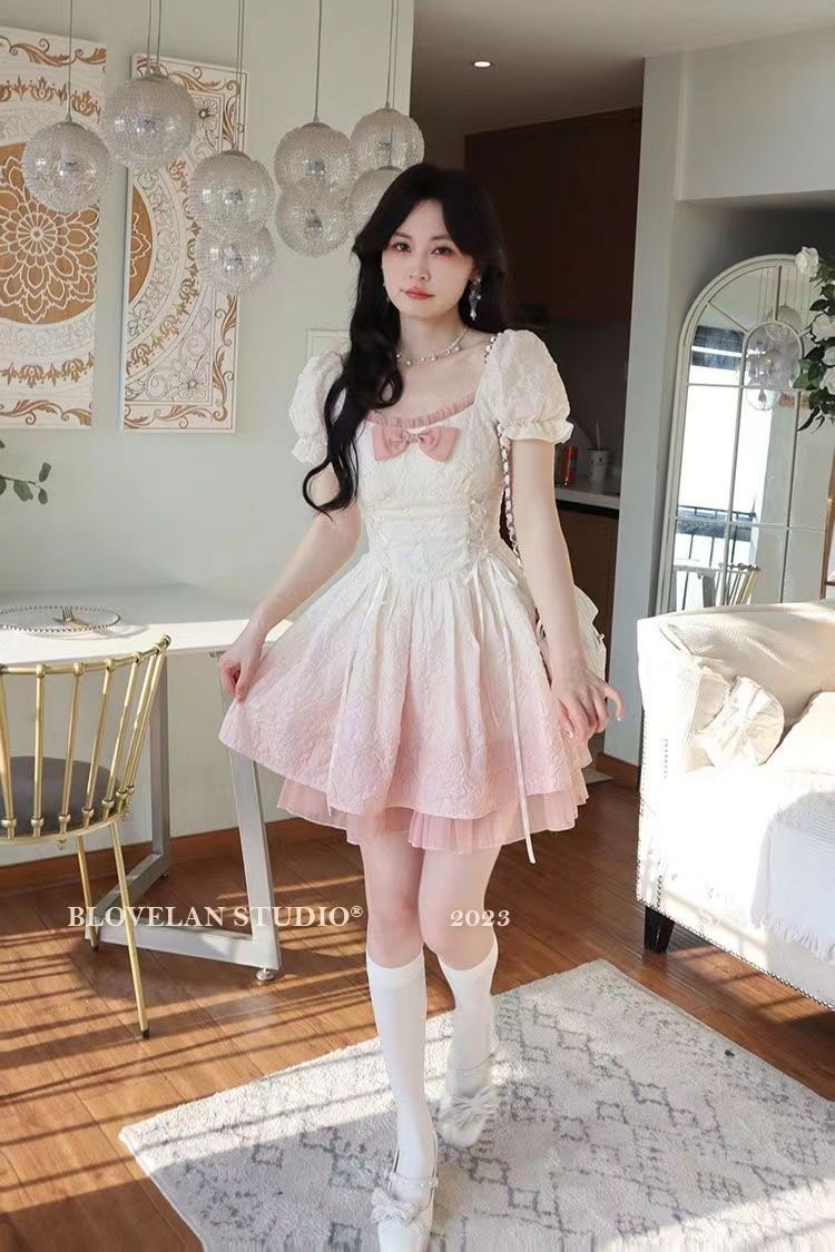 Womens summer sweet pink gradient color bow cute square collar high waist ball gowm mini dresses SMLXL